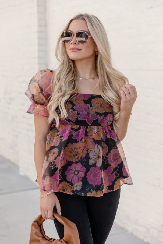 Something Beautiful Black Floral Print Tulle Blouse FINAL SALE Sheer Sleeve Blouse