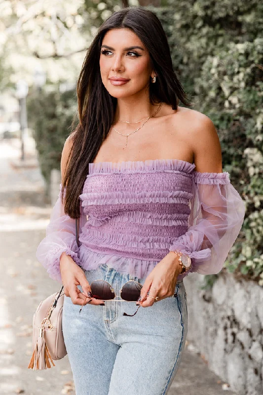 Happy Ever After Dusty Purple Ruffled Tulle Sleeved Blouse FINAL SALE Satin Bow Blouse