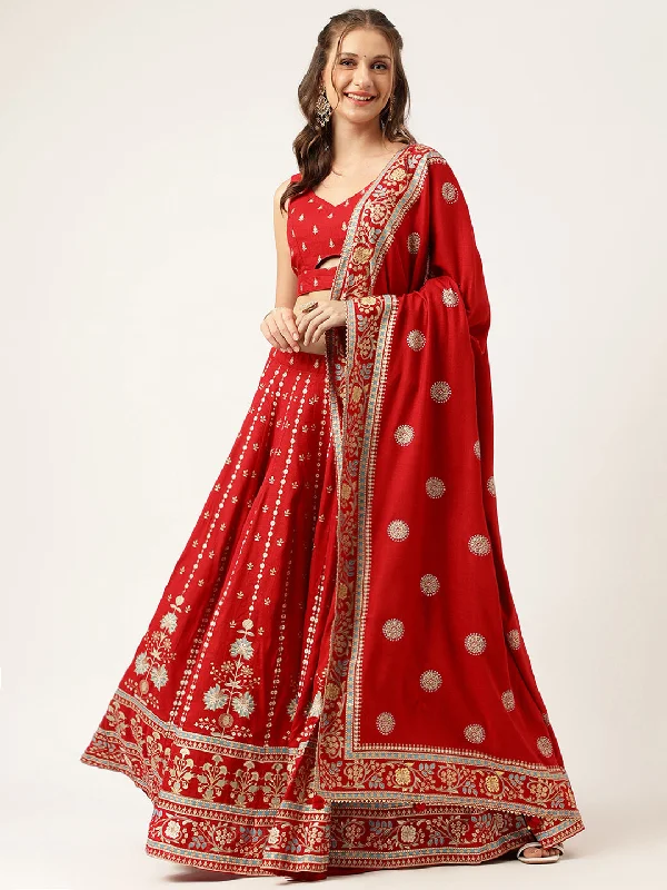Ethnic Motifs Printed Maroon Lehenga & Blouse With Dupatta Satin Drape Blouse