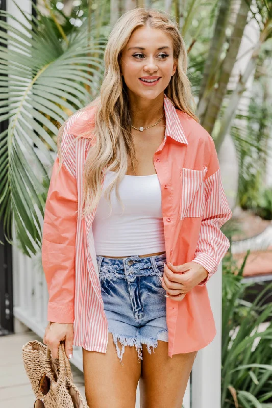 Get It Right Coral Striped Button Front Color Block Blouse FINAL SALE Sheer Sleeve Blouse