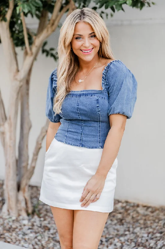 Go With Grace Medium Wash Chambray Crop Blouse FINAL SALE Ruched Sleeve Blouse