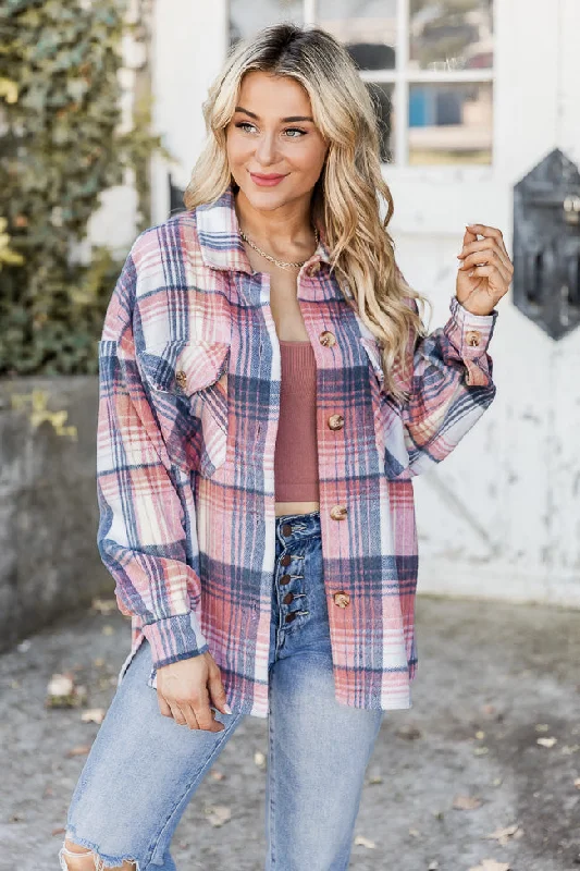 Good Guess Pink Multi Oversized Plaid Shacket FINAL SALE Embroidered Cotton Blouse
