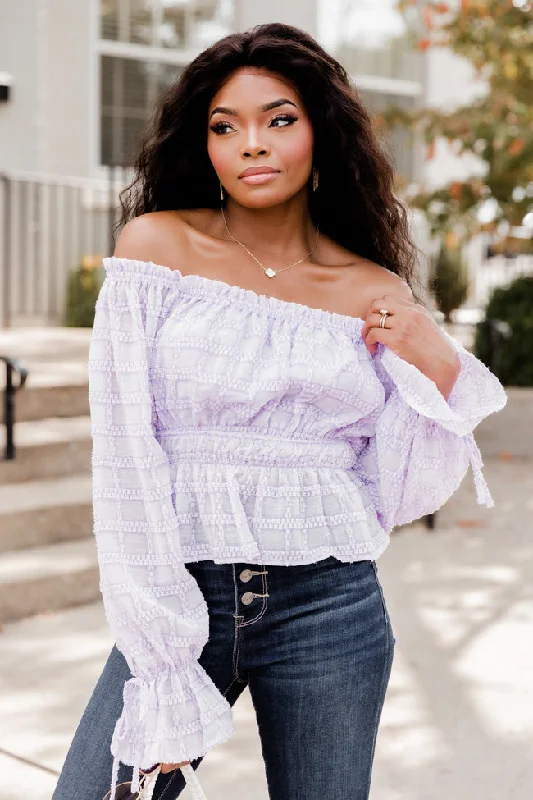 Got You On My Mind Purple Textured Off The Shoulder Blouse FINAL SALE Sweetheart Neck Blouse