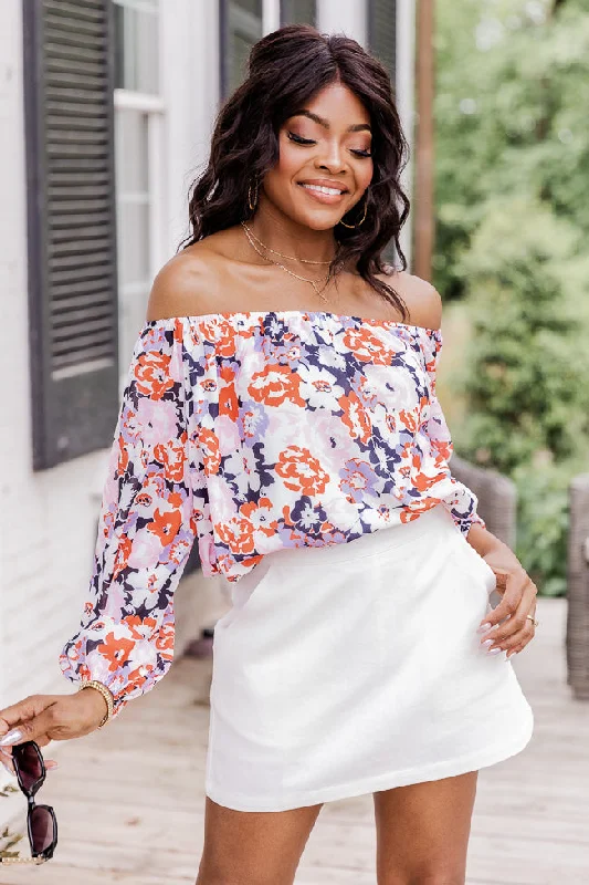 In Bloom Navy Off The Shoulder Floral Blouse FINAL SALE Soft Satin Blouse