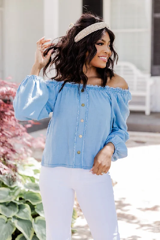 In The Countryside Medium Wash Off The Shoulder Button Front Chambray Blouse FINAL SALE Loose Fit Blouse