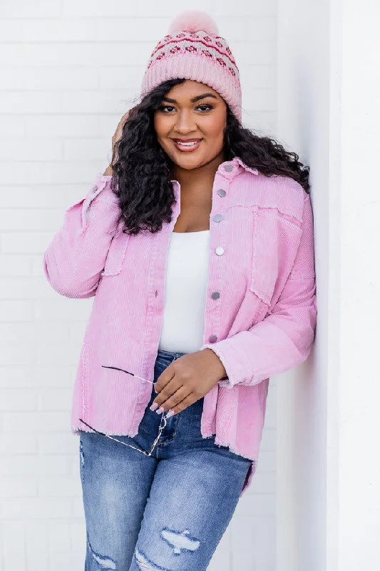 Keep Me Grounded Pink Frayed Edge Cord Shacket FINAL SALE Oversized Silk Blouse
