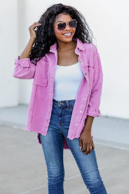 Keep Me Grounded Purple Frayed Edge Cord Shacket FINAL SALE High Neck Blouse