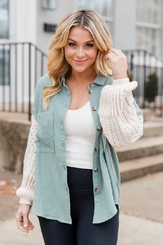 Keep Shining Cream And Sage Gauze Shacket FINAL SALE Silky Draped Blouse