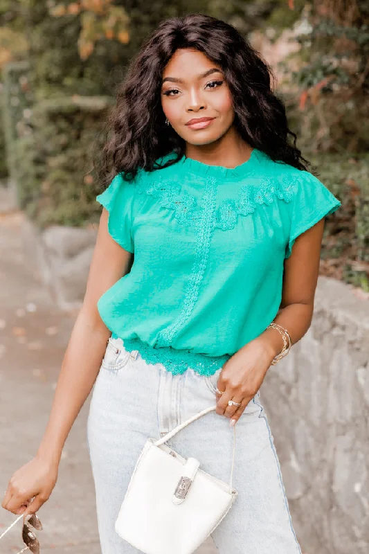 Stay Around Kelly Green Lace Trim Short Sleeve Blouse FINAL SALE Chic Sleeveless Blouse