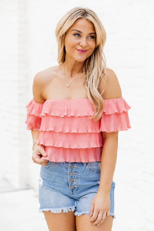 Meant To Be Coral Ruffled Off The Shoulder Blouse With Removable Straps FINAL SALE Mandarin Collar Blouse
