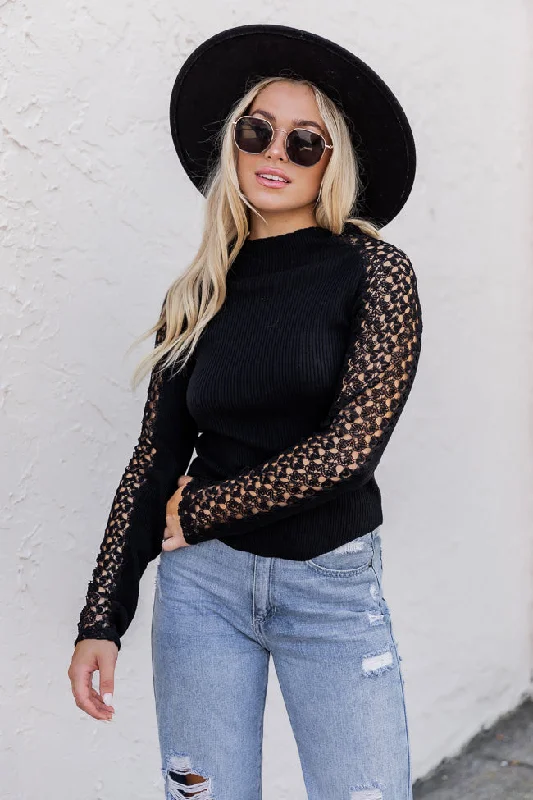 Not Over You Black Mock Neck Lace Sleeve Blouse FINAL SALE Slim Fit Blouse