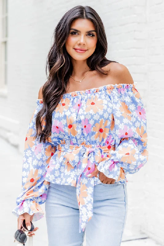 Off The Path Blue Off The Shoulder Belted Blouse FINAL SALE Embroidered Floral Blouse