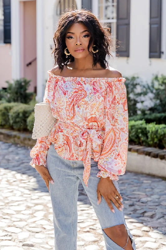Off The Path Orange Paisley Off The Shoulder Belted Blouse FINAL SALE Bell Sleeve Blouse