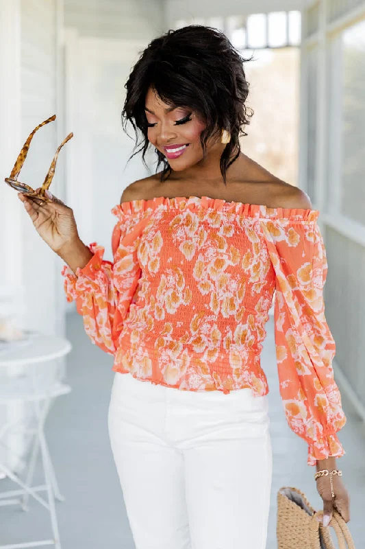 On A Whim Orange Floral Smocked Long Sleeve Blouse FINAL SALE Oversized Silk Blouse