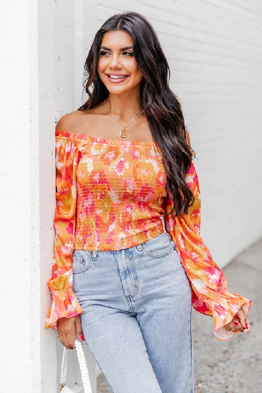 Just A Moment Orange Floral Print Off The Shoulder Blouse FINAL SALE Chic Off-Shoulder Blouse