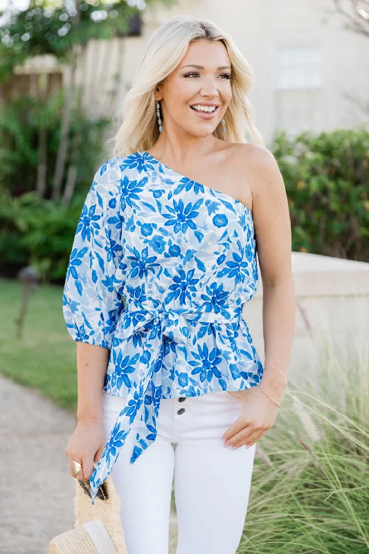 Out Of The Blue One Shoulder Blue Printed Blouse FINAL SALE Double-Layered Blouse