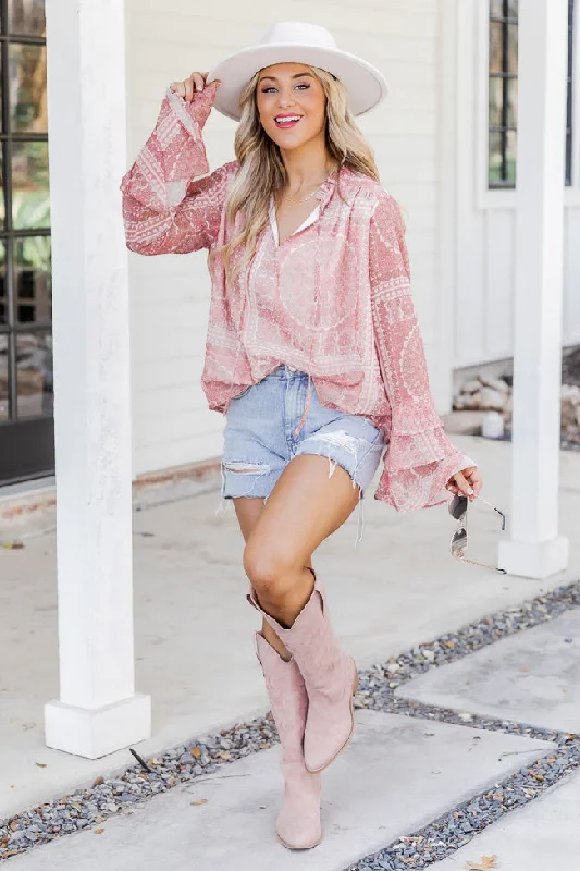 Remind Me Pink Tiered Sleeve Printed Blouse FINAL SALE Asymmetric Hem Blouse