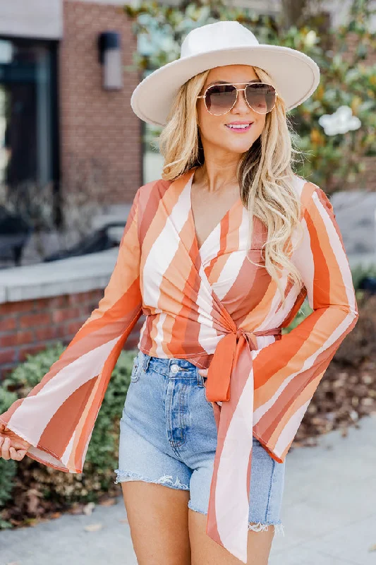 Live Your Best Life Rust Printed Long Sleeve Wrap Blouse FINAL SALE Silky Tunic Blouse