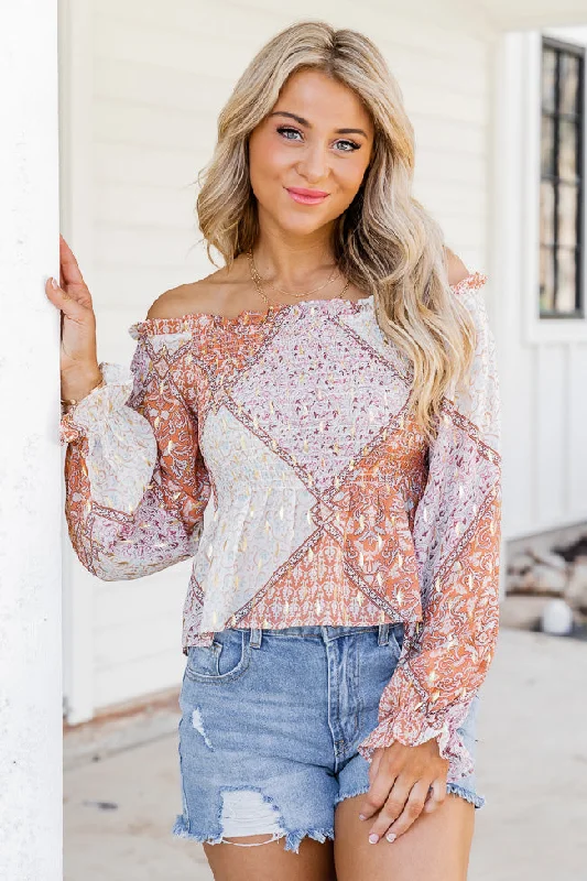 Saddle Up With Me Camel Patch Print Off The Shoulder Blouse FINAL SALE Soft Modal Blouse