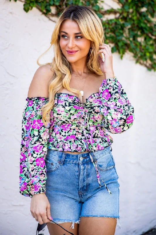 Sonic Blooms Black Floral Off The Shoulder Long Sleeve Blouse FINAL SALE Ruched Sleeve Blouse