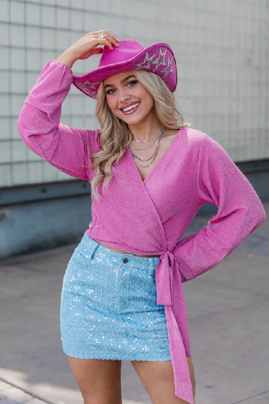 Table For Two Pink Shimmer Wrap Blouse FINAL SALE Feminine Ruffle Blouse