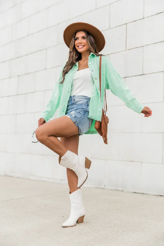 Two Fair Halves Sage Distressed Shacket FINAL SALE Drape Neck Blouse
