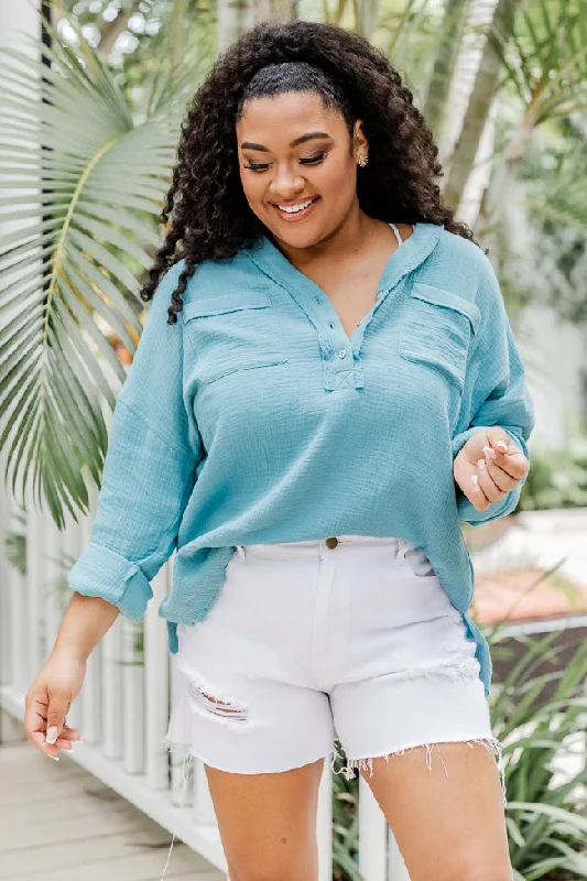 Unique Role Teal Pocketed Henley Gauze Blouse FINAL SALE Sheer Mesh Blouse