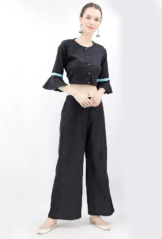 Black Cotton Blouse With Bell Sleeves Subtle Shimmer Blouse