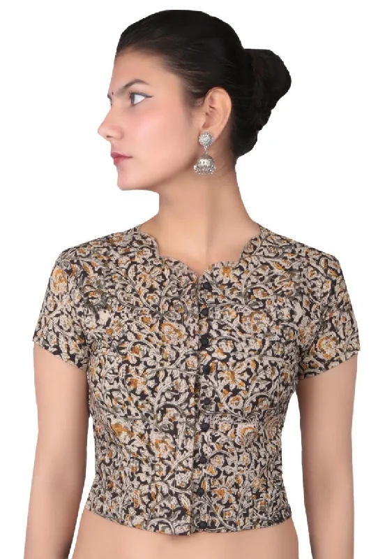 Black Kalamkari Printed Blouse Casual Button Blouse