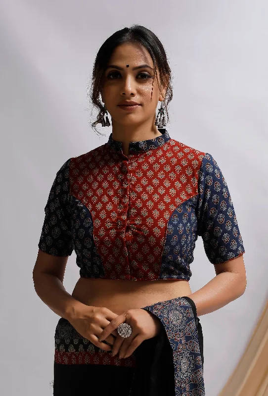 Blue and Red Ajrak Cotton Blouse Double Button Blouse