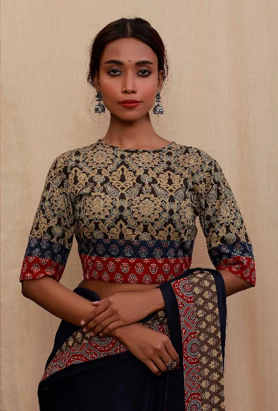 Blue and Red Round Neck Ajrak Printed Cotton Blouse Lightweight Tunic Blouse