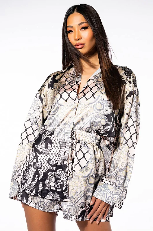 HANNAH BUTTON DOWN BLOUSE AND SHORTS SET Feminine Tie Blouse