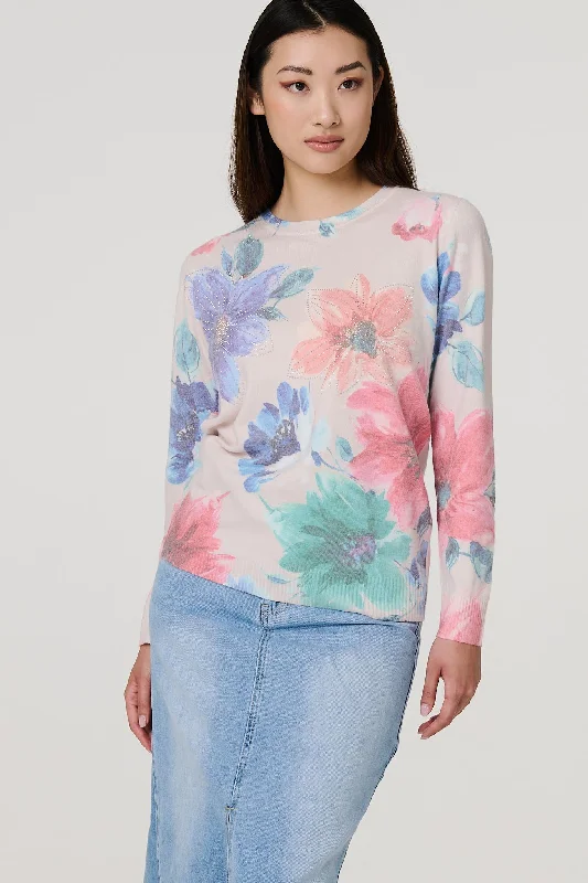 Floral Diamante Detail Long Sleeve Jumper Layered Multi-layer Single Layer