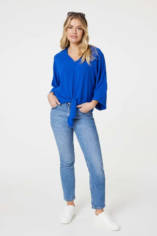 Knot Front Relaxed 3/4 Sleeve Blouse Pleated Collar Blouse