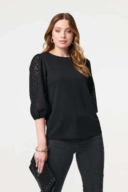 Floral Lace 3/4 Puff Sleeve Blouse Satin Bow Blouse