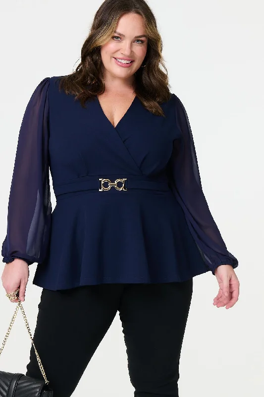 Sheer Sleeve Wrap Front Blouse Embellished Collar Blouse
