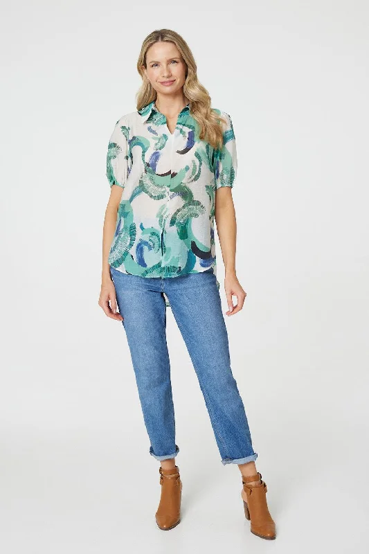 Abstract Print 1/2 Sleeve Blouse Sweetheart Neck Blouse