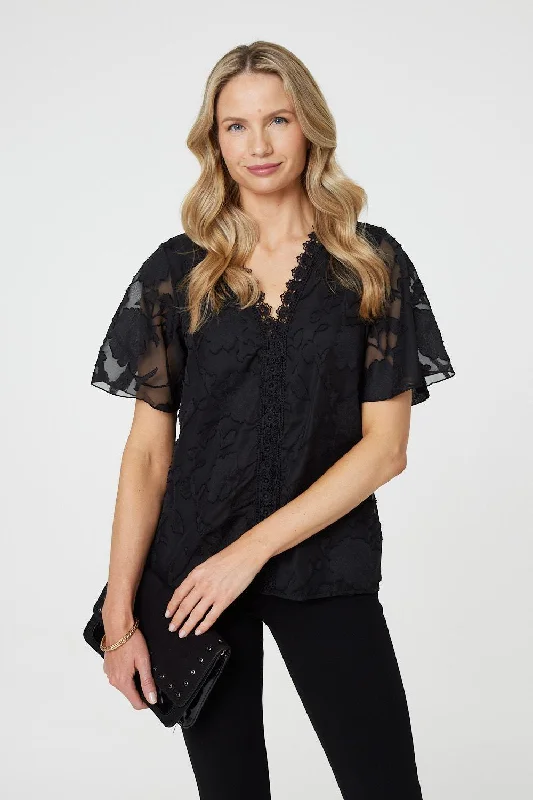 Floral Lace Detail Flared Sleeve Blouse Airy Cotton Blouse