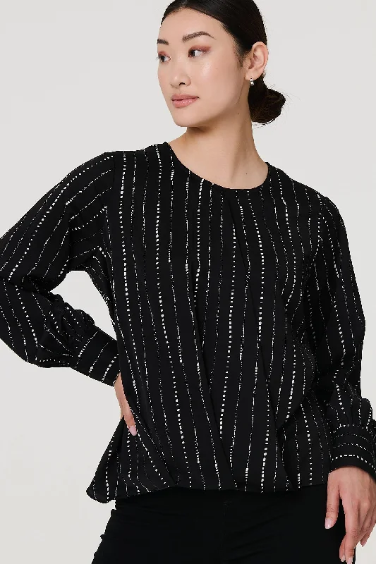 Metallic Stripe Long Sleeve Blouse Vintage Lace Blouse