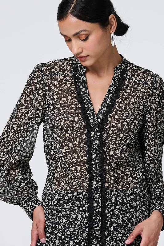 Ditsy Floral Semi Sheer Long Sleeve Blouse Sheer Mesh Blouse