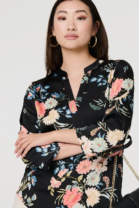 Floral Print 3/4 Sleeve V-Neck Blouse Floral Print Blouse
