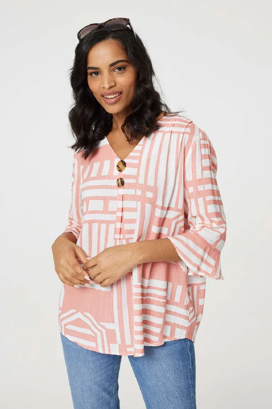 Printed 3/4 Flare Sleeve Blouse Wrap Front Blouse