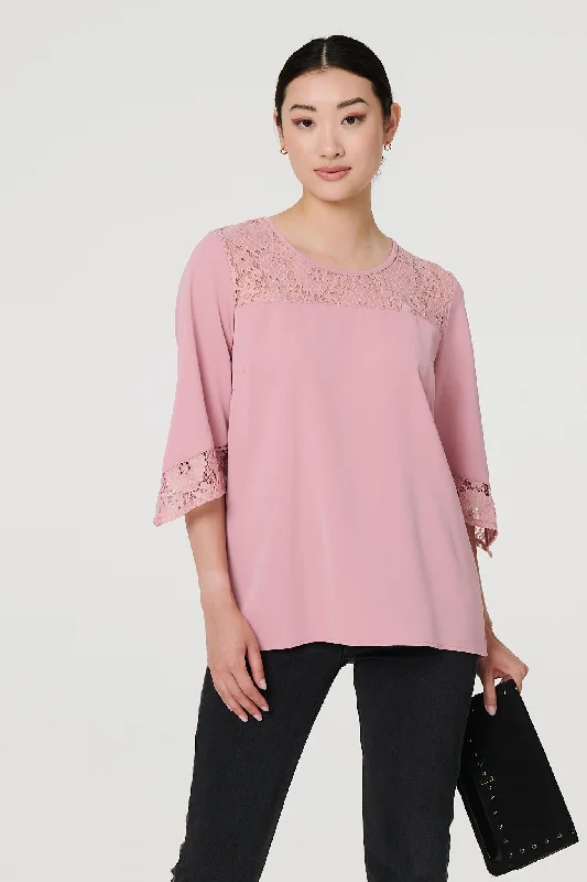Lace Detail 3/4 Sleeve Blouse Stretchy Fitted Blouse
