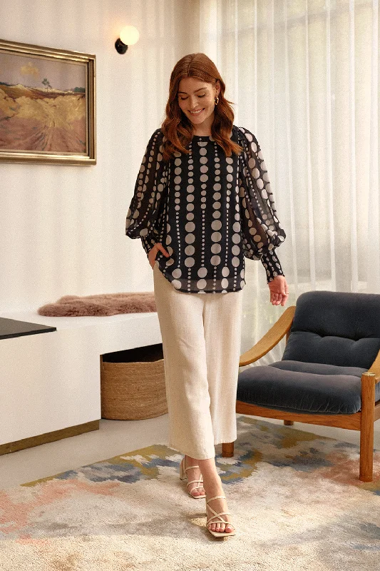 Spotty Print Semi Sheer Puff Sleeve Blouse Mandarin Collar Blouse