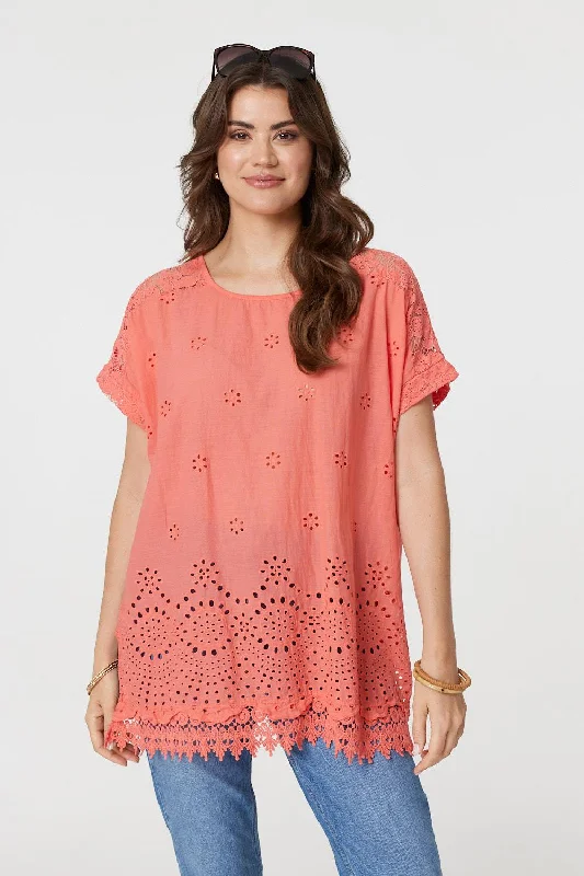 Broderie Anglaise Oversized Blouse Ruffled Neck Blouse