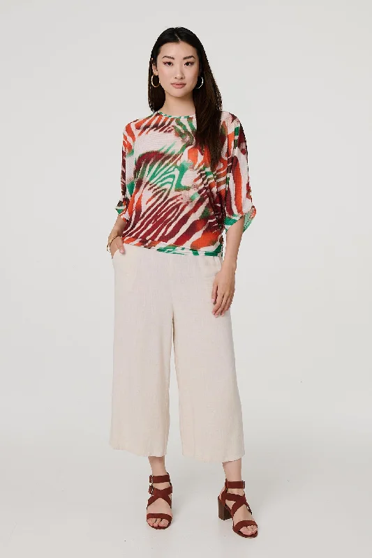Animal Print 3/4 Sleeve Relaxed Blouse Collared Satin Blouse