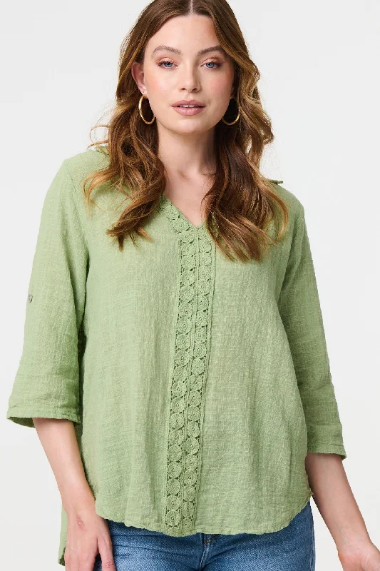 Lace Detail V-Neck Relaxed Blouse Boho Chic Blouse