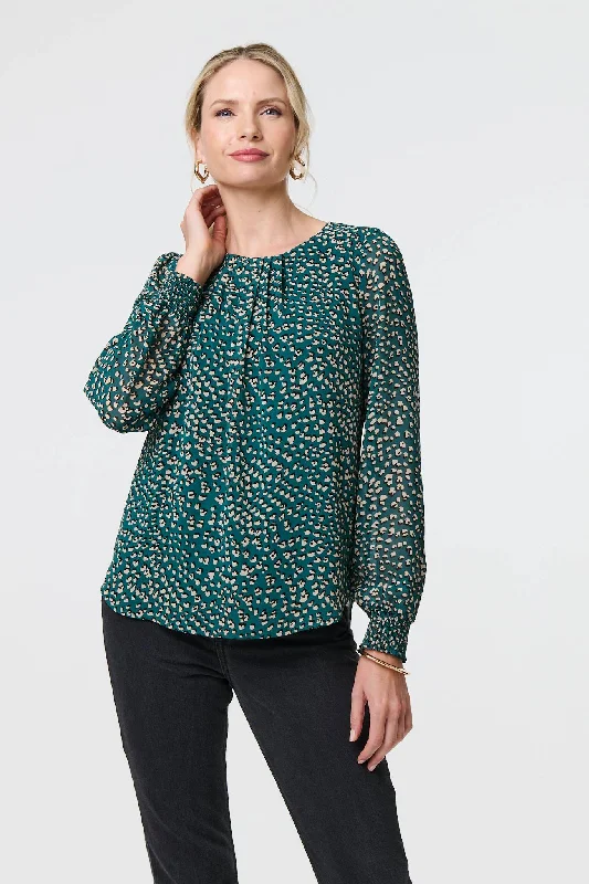 Animal Print Semi Sheer Blouse Embroidered Cotton Blouse
