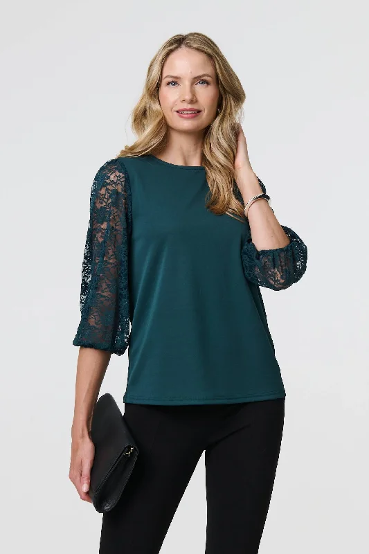 Floral Lace 3/4 Sleeve Blouse Silky Tunic Blouse
