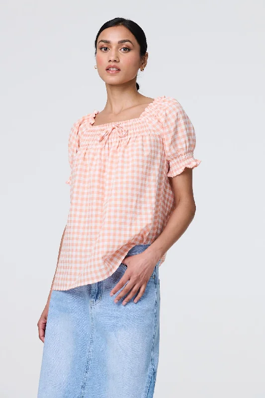 Gingham Check Puff Sleeve Blouse Floral Chiffon Blouse